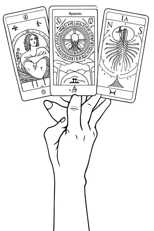 One hand holding three tarot cards with the image of each zodiac sign from left to right: Aquarius, Scorpio, Libra.  tattoo design idea
