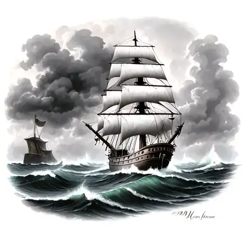 tall ship sailing through stormy seas surrounded tattoo design idea