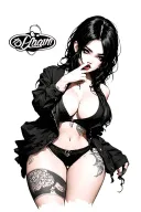 A black-haired girl in a booty pose, dressed sexily, with a melancholic yet sexy gaze, one finger on her lips, one or tw tattoo design idea