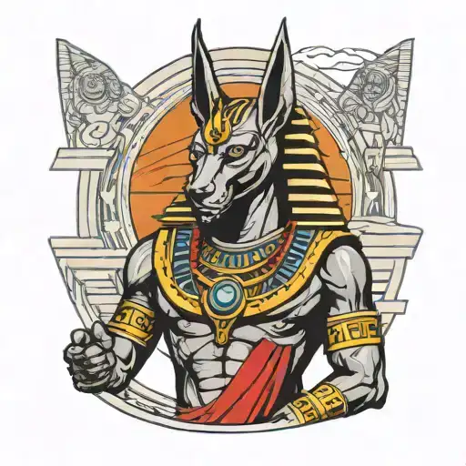The god Anubis with a furious look and with Egyptian clothes and an Egyptian pyramid in the background  tattoo design idea
