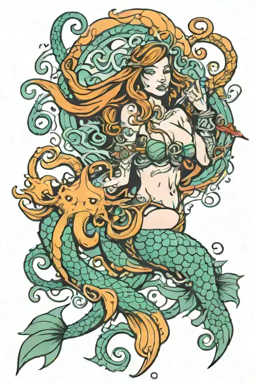 warrior mermaid and octopus wrapped tattoo design idea