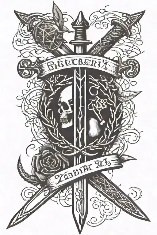 a tattoo on the back of the arm with a simplistic sword with a crown of thorns on top of it, with proverbs 27:17 written tattoo design idea