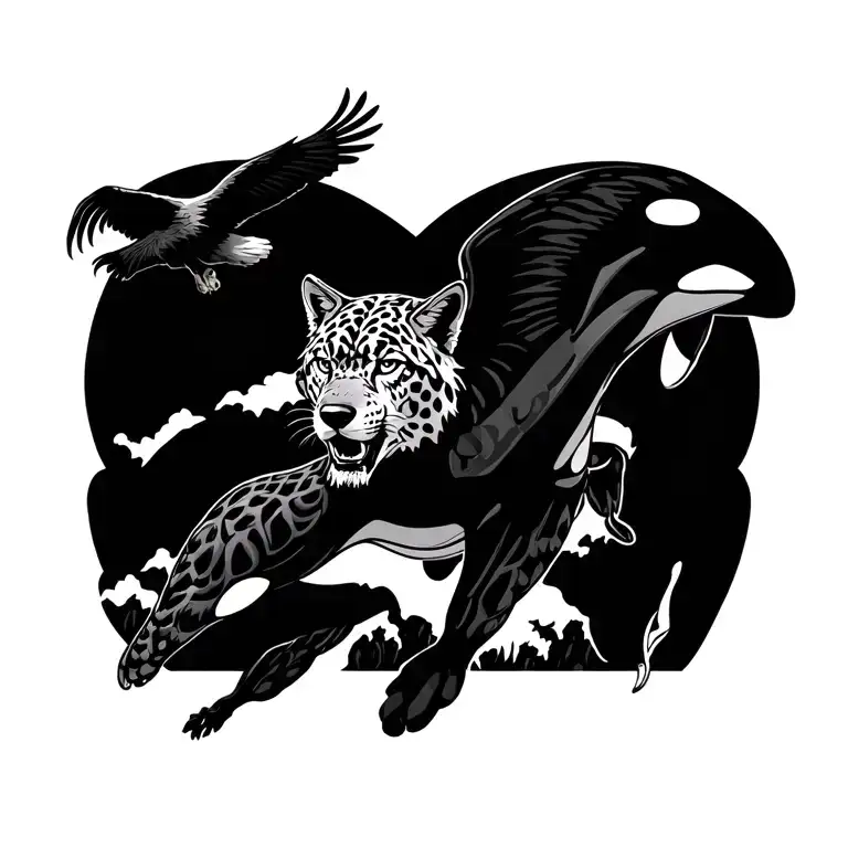 Jaguar, wolf, golden eagle, orca leaping tattoo design idea