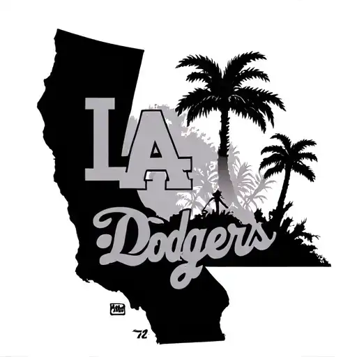 state of California with grizzly bear at the bottom, LA Dodgers logo in the middle and palm trees in the back tattoo design idea