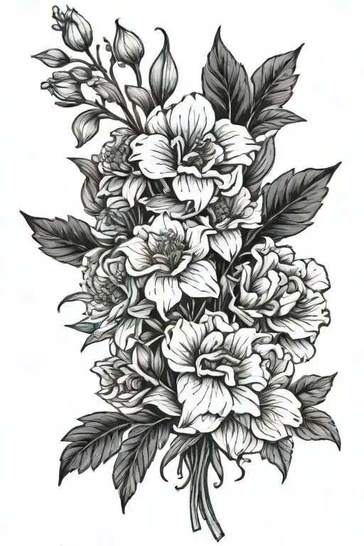 bouquet of birth flowers for the months April, August, and December tattoo design idea