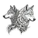 two wolves looking at each other. standing opposite and looking at each other. one of them white colour teethangry fangs tattoo design idea