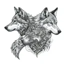 two wolves looking at each other. standing opposite and looking at each other. one of them white colour teethangry fangs tattoo design idea