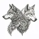 two wolves looking at each other. standing opposite and looking at each other. one of them white colour teethangry fangs tattoo design idea