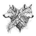 two wolves looking at each other. standing opposite and looking at each other. one of them white colour teethangry fangs tattoo design idea