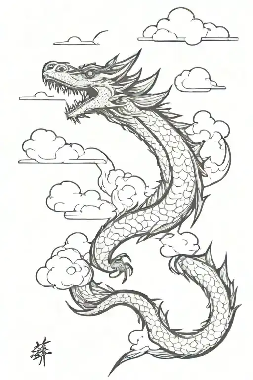something horizontal style, that is wide for the entire forearm area, I want it to be a detailed dragon among clouds tattoo design idea