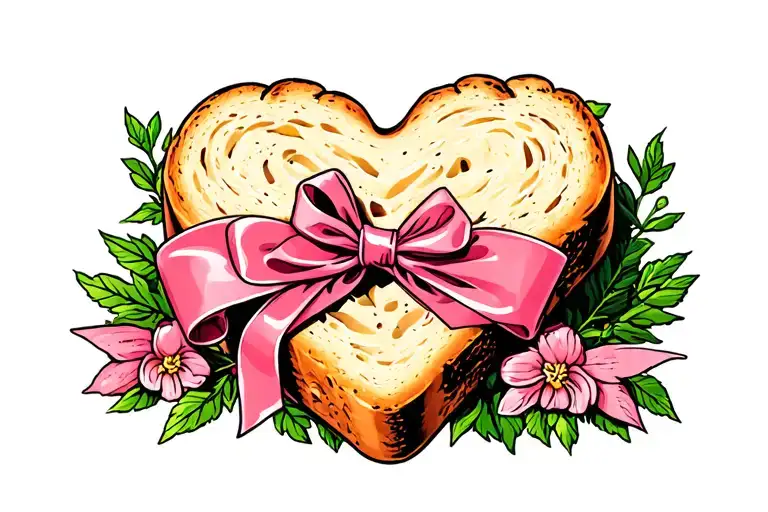 70s pin-up style heart shaped slice of garlic bread with ribbon over top of slice  tattoo design idea
