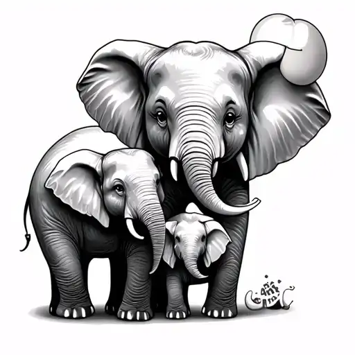 Make a tattoo outline of two baby elephants and a mama elephant and one of the baby elephants holding a autism balloon tattoo design idea
