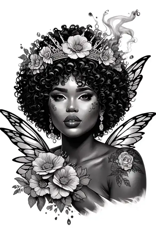 Afro hair, fairy wings, queen crown, flowers no roses, lips with smoke coming out of mouth, full body, plus size tattoo design idea