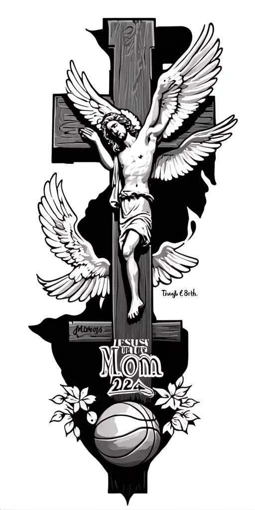 Jesus Christ cross, dove, basketball things and the date of birth and death of my mom with five wings tattoo design idea