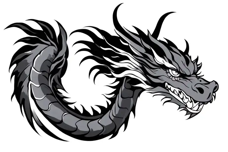 single head traditional Japanese dragon without wings black and grey full length design tattoo design idea