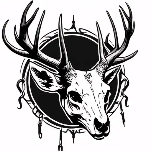 A black-grey tattoo of a deer skull with antlers intertwined with fishing hooks tattoo design idea