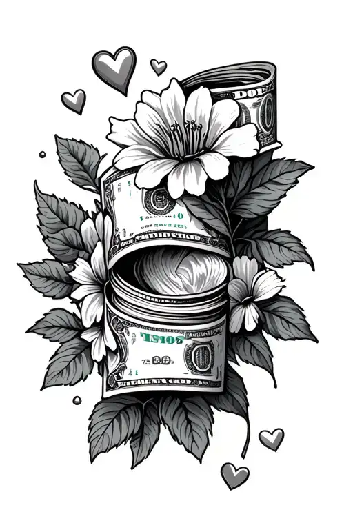 money roll, hearts and flowers tattoo design idea