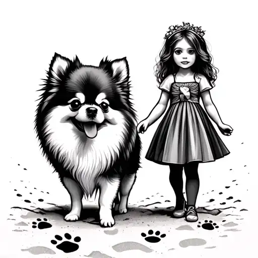 Pomeranian dog and a girl with footprints and paw print walking on the sand  tattoo design idea