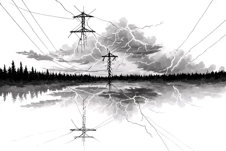 black and white connected powerlines lineman inspired thunderstorm clouds and lightning strike treeline no road no rain tattoo design idea