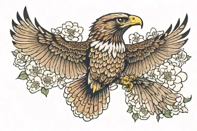red tailed hawk soaring, with flowers around it luminous points tattoo design idea