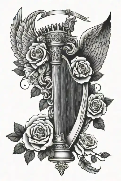 harp, crown, rose, angel wings tattoo design idea