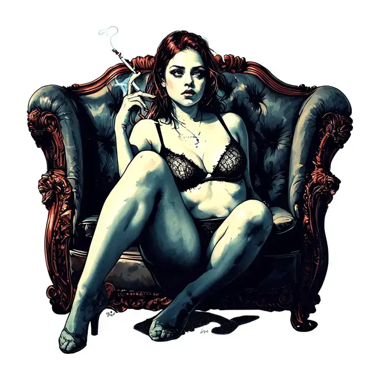 sexy. pale girl 20's. smoking a cigarette. little to no clothing. sitting down. sexual. naughty. ripped bra tattoo design idea