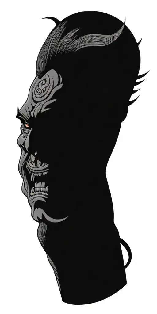 male anime character  oni mask fighting off inner demons  tattoo design idea
