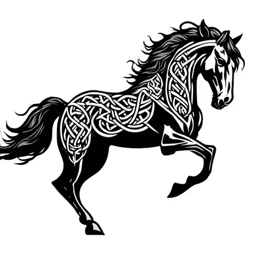 mustang horse head back high  raising up verticaly high up scared or angry no clipping with celtic knots shadding hair tattoo design idea