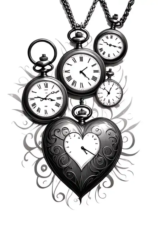 3 round pocket watches and 1 heart pocket watch tattoo design idea