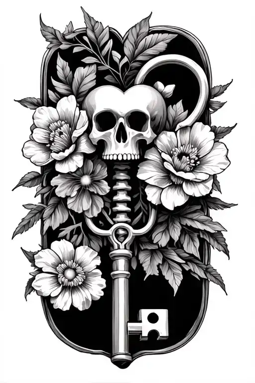 Skeleton key  with heart in top and lock and flowers tattoo design idea