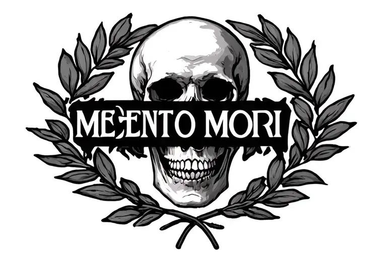 Memento Mori written in bold letters inside a laurel wreath tattoo design idea