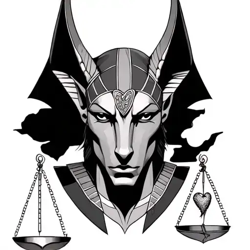 black and grey realism of bust of Anubis and below him a scale with a heart and a feather with the feather weighing more tattoo design idea