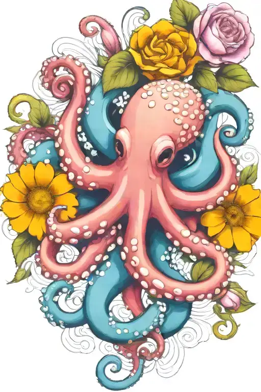 octopus, white snowdrop, rose,  marigold flower tattoo design idea