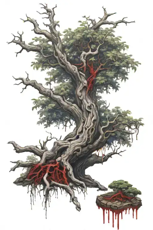 elder tree dead with red blood tattoo design idea