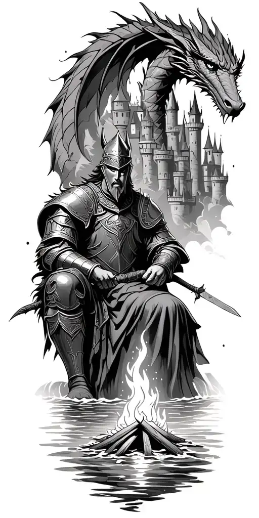 Medieval knight sitting by camp fire by the ocean with dragon and castle in the back  tattoo design idea