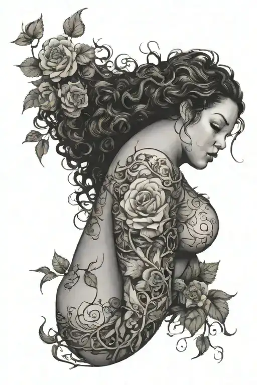plus size woman with curly hair. body wrapped in rose vines and thorns wrapped tattoo design idea