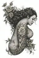 plus size woman with curly hair. body wrapped in rose vines and thorns wrapped tattoo design idea