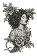 plus size woman with curly hair. body wrapped in rose vines and thorns wrapped tattoo design idea