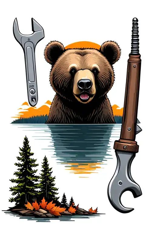 bear, pipe wrench and maple trees colors sunset over lake tattoo design idea