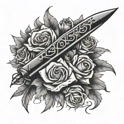 dagger with ribbon wrapped around saying there rest and let me die with flowers tattoo design idea