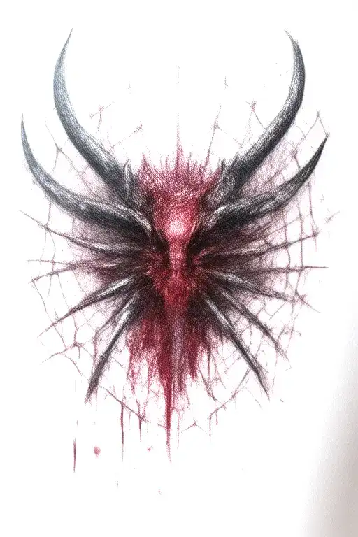 Satanic Realistic wound, cracked and bleeding. dark black blood red. Bleeding Thorns black spider web and Silver Horns tattoo design idea