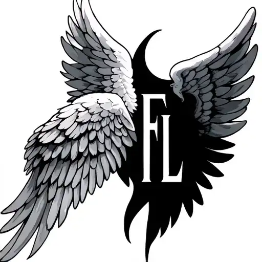 some angel wings with an aurelia and the initials FL tattoo design idea