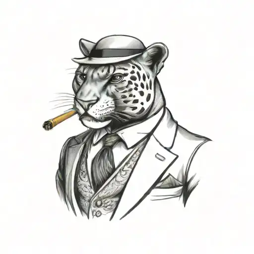 panther wearing a 3 piece suit smoking a cigar tattoo design idea