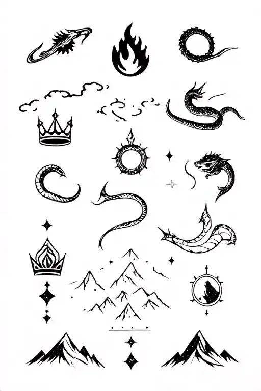 Collection of simple items, including a galaxy, a flame, a dragon, a snake, a crown, and a mountain range tattoo design idea