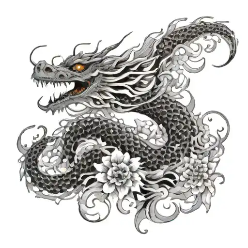 long dragon in chrysanthemums in japanese style tattoo design idea