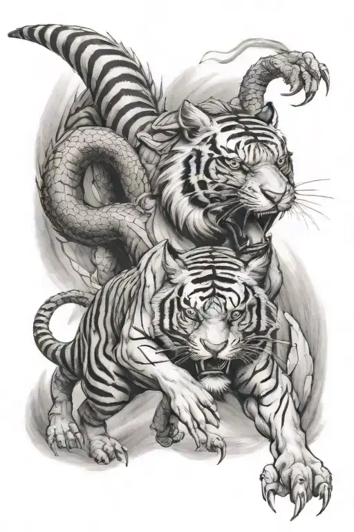 dragon fying behind tiger walking towards tattoo design idea
