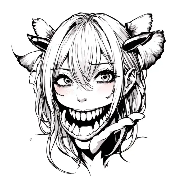 sexy, attractive, soft, sharp teeth, sharp tongue, ahegao tattoo design idea