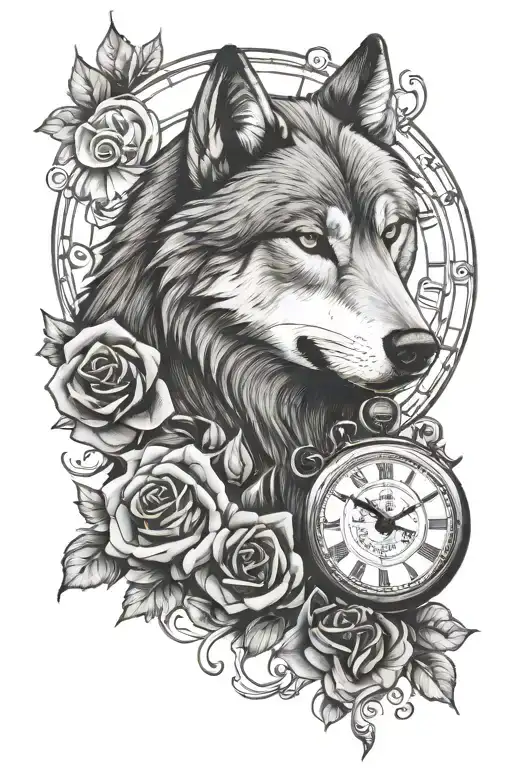 wolf, rose, clock, boxing gloves tattoo design idea