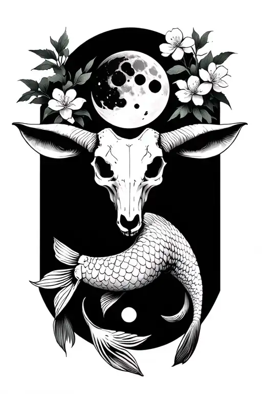 water goat skull with a moon. it has cherry blossoms near the horns. there a yin and yang koi fish at the bottom  tattoo design idea