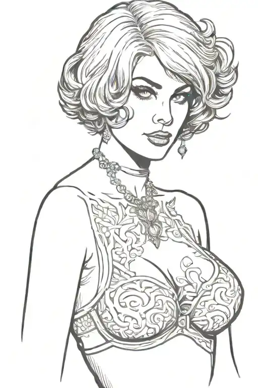 Sexy girl, Huge boobs, cleavage, petite, pure white eyes, lingerie, short white bob hairstyle, waist up view tattoo design idea